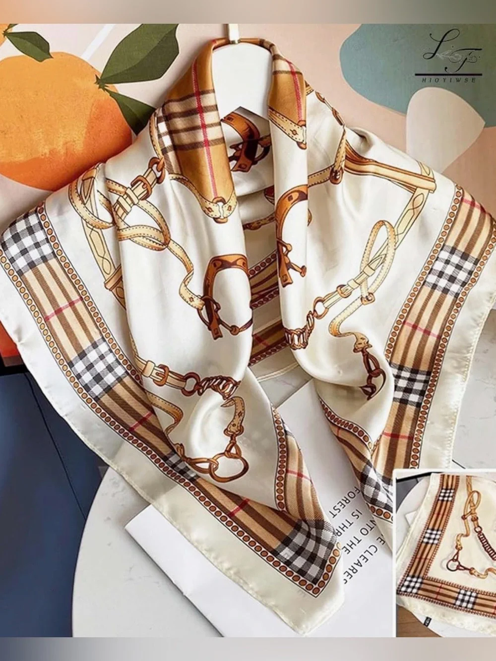 Designer Print Cream & Tan Patterned Neck Scarf
